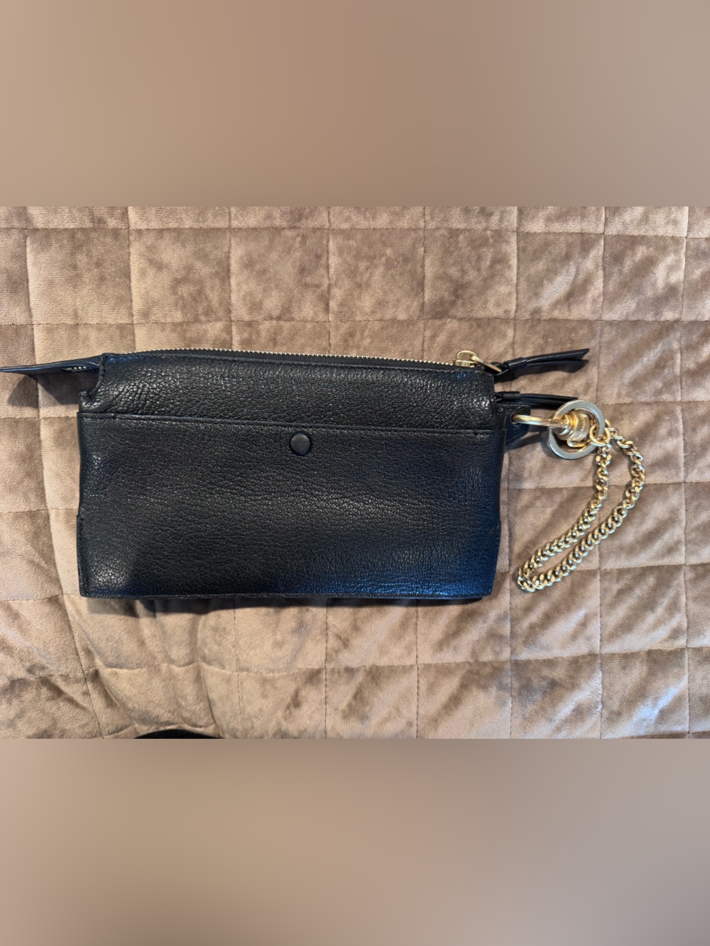 All Saints Black Leather Wristlet Clutch with Gold Chain Detail